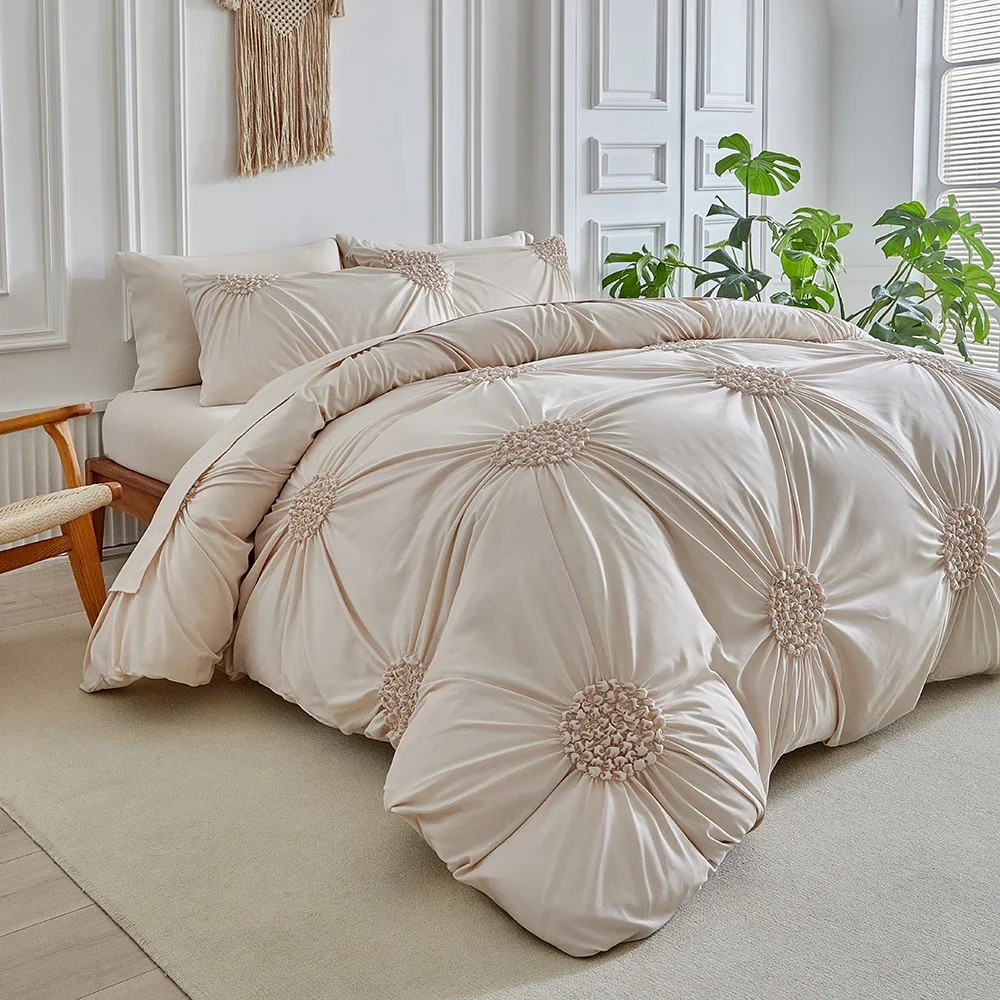 Three-dimensional Pleated Craft Flower Duvet Cover Set Queen Simple Comfortable Bedding Set Single Double Quilt Cover Pillowcase