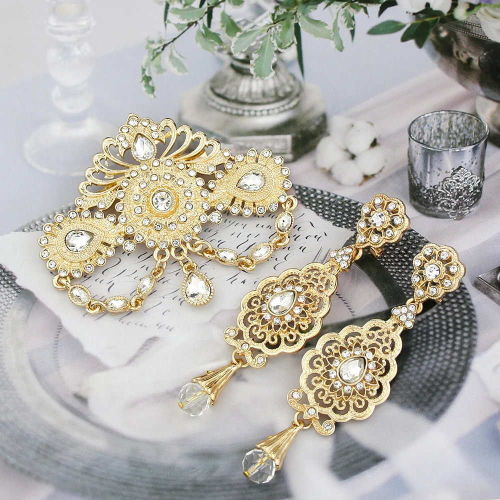 Algerien Marokko Hochzeit Schmuck Brosche Ohrring Sets Für Frauen Gold Farbe Arabisch Türkei Abaya Kaftan Pins Bijoux Geschenk