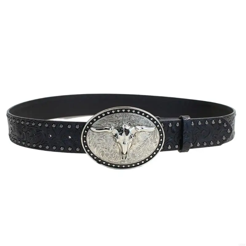 Casual Outfit Belt with Head Oval Accent, Faux Leather Strap and Engraved Silver Tone Hardware for Daily Wear Y166
