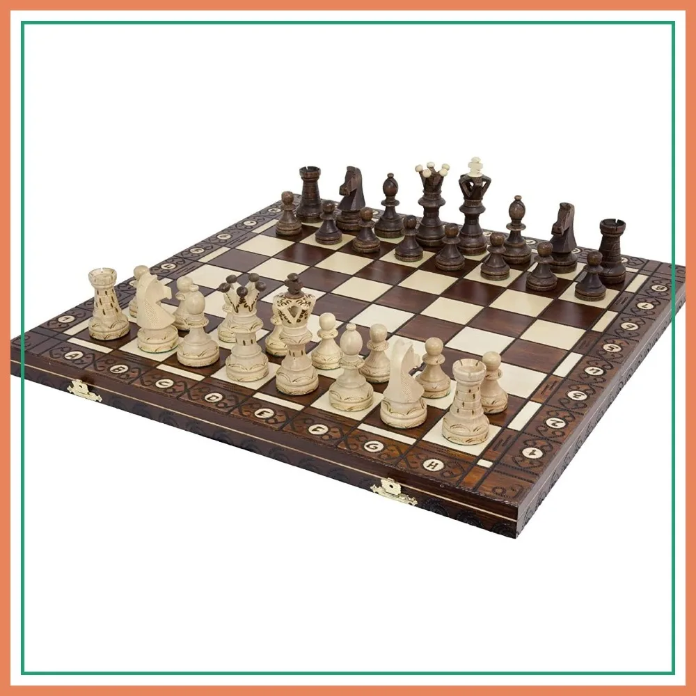 

Handmade European Wooden Chess Set with 21 Inch Board and Hand Carved Pieces