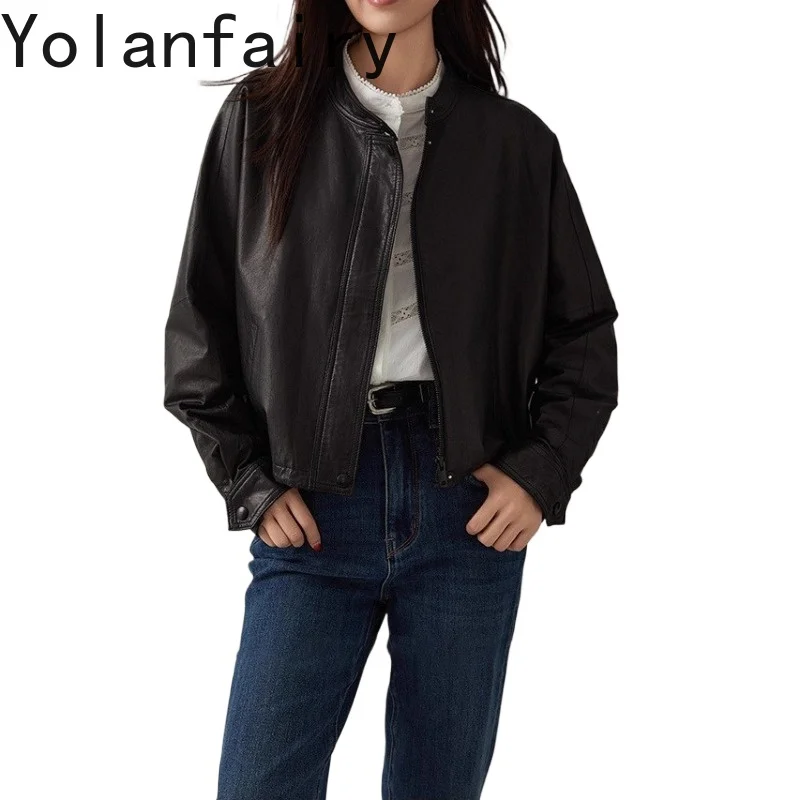 

YOLANFAIRY 100% Real Leather Jacket Women 2026 Spring Autumn Genuine Sheepskin Coat Short Stand Collar Black Leather Jackets