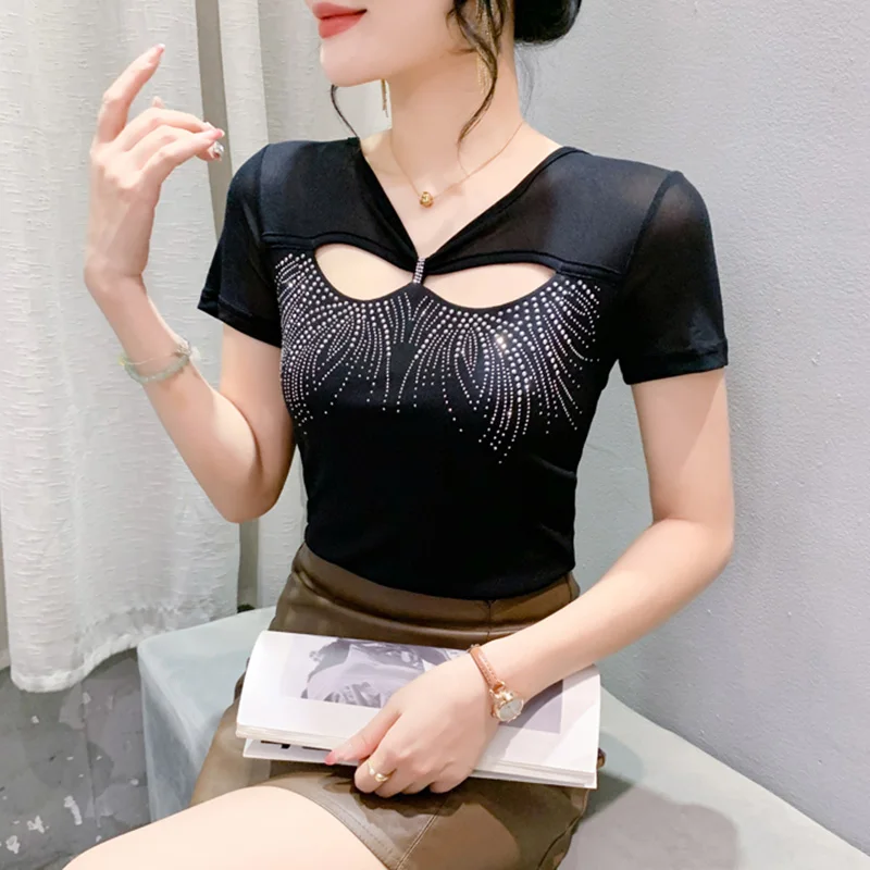 New 2024 Summer Short Sleeved V-Neck Sexy Hollow Out Hot Drilling Mesh Tops Shirt Elegant Slim Women's Blusas