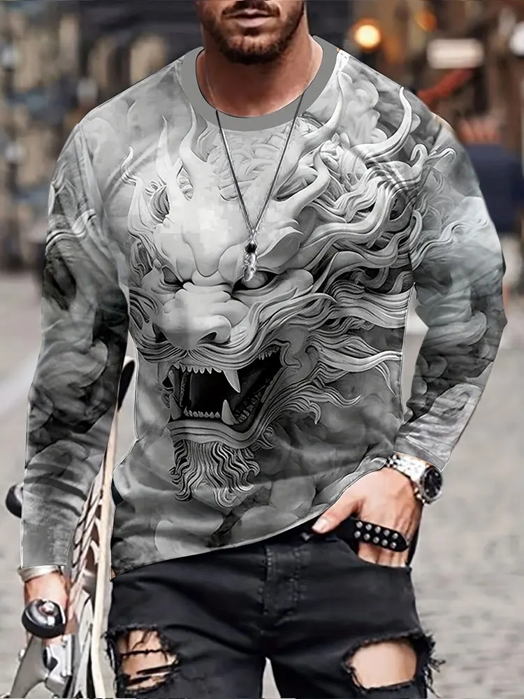 Autumn And Winter Daily Street Men Long-sleeved T-shirts Urban Casual Long-sleeved Tops 3D Dragon Print Men's Clothing