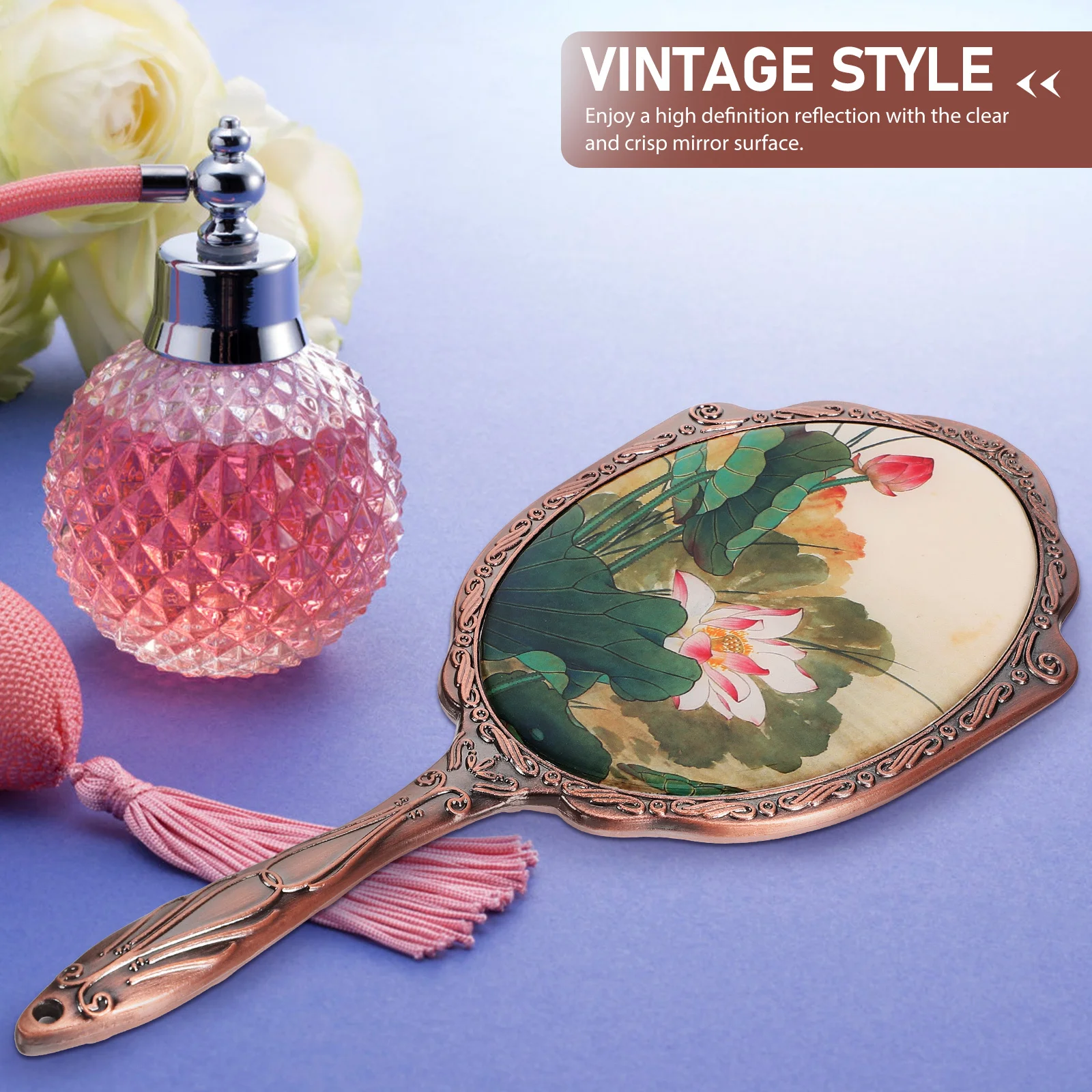 

Vintage Hand Mirror for Ladies Portable Makeup Mirror with Handle Metal and Glass Construction 360 Rotatable Smooth