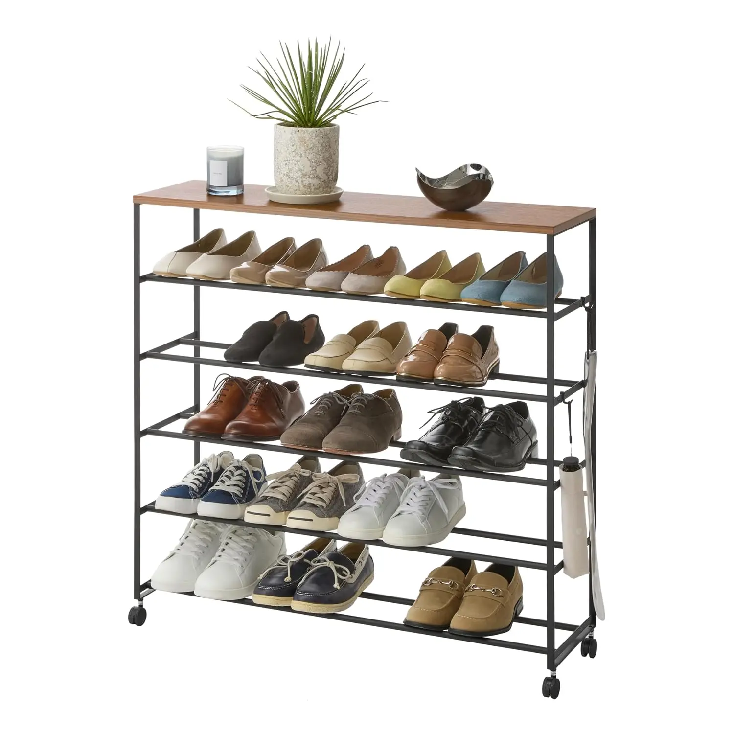 Tower Rolling 5-Tier Shoe Rack, Steel Frame Wooden Top Space-Saving Organizer On Wheels 34
