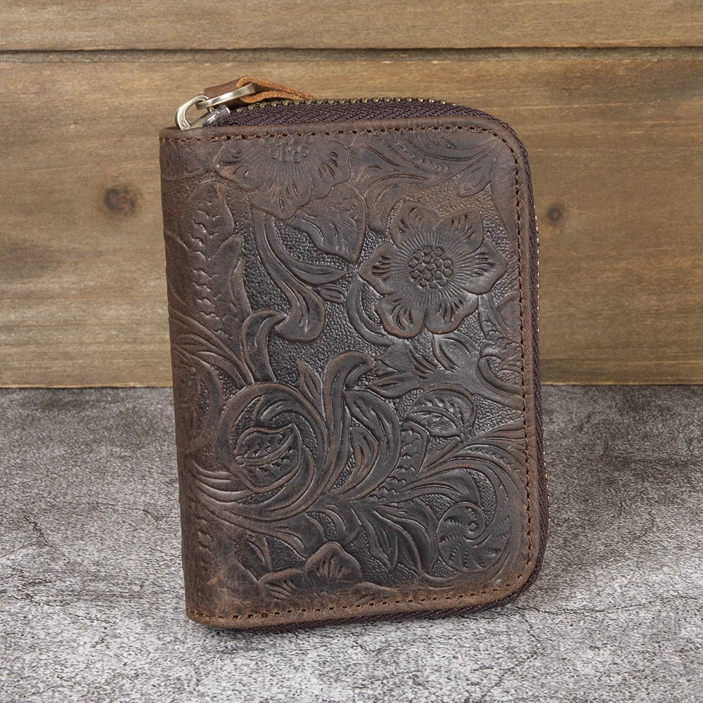 

Retro men's organ card case, small and mini genuine leather top layer cowhide embossed zipper card case