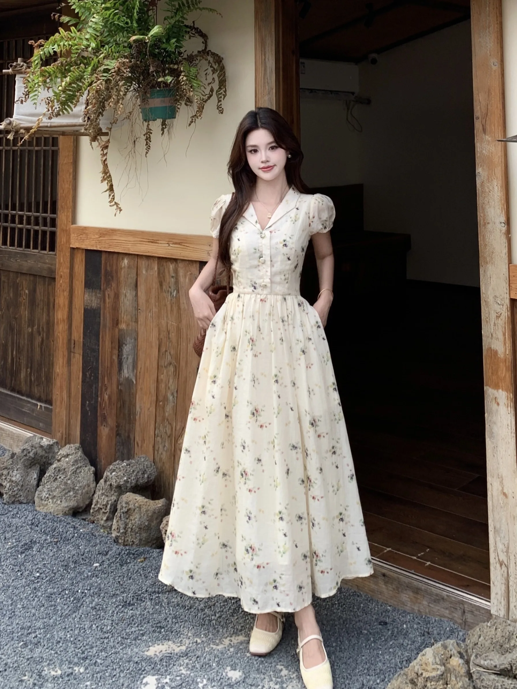 

plus Size Floral Print Short Sleeve Dress V-Neck Waist Cinched Slimming Midi Knee-Over Length A-Line Korean Style Commute Dress