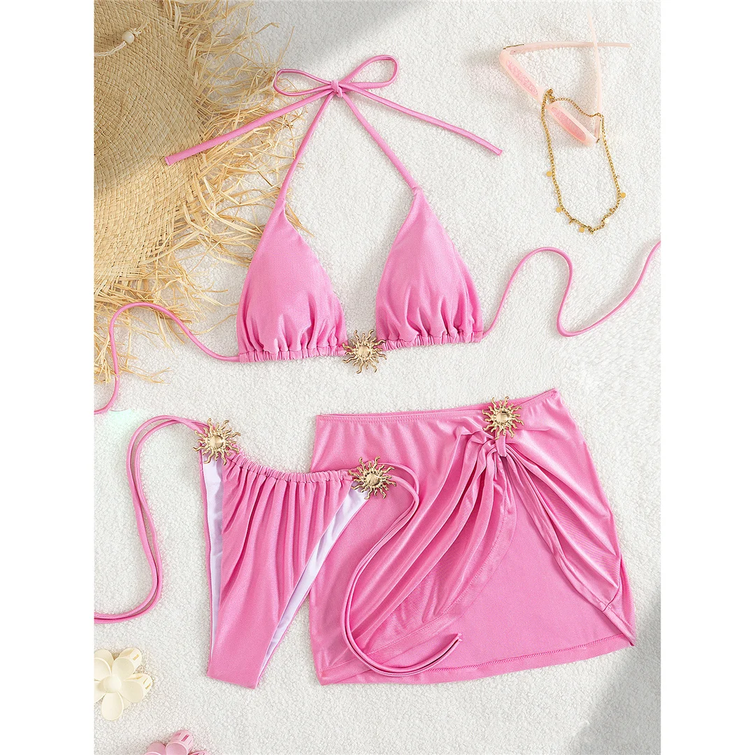 S - XL Neu mit Rock, Neckholder-Bikini, Damen-Badebekleidung, dreiteiliges Bikini-Set, Damen-Badeanzug, gepolsterter Badeanzug, Badebekleidung, Schwimmbekleidung V7266 – Detail 10