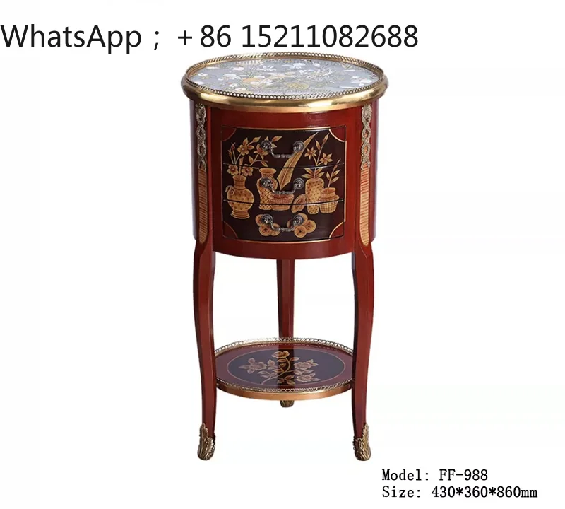 SCY retro living room side sofa corner few pure copper solid wood engraving round hand-painted small side cabinet