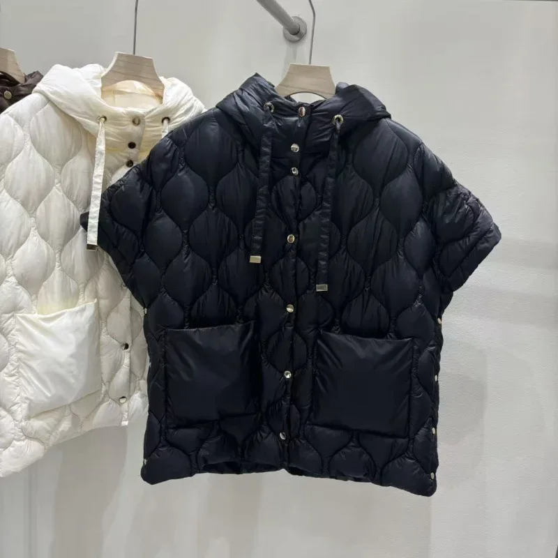 Frauen Weiße Ente Unten Lose Warme Weste Weibliche Einreiher Tasche Weste Outwears Herbst Winter Chic Feste Kapuze Unten Weste