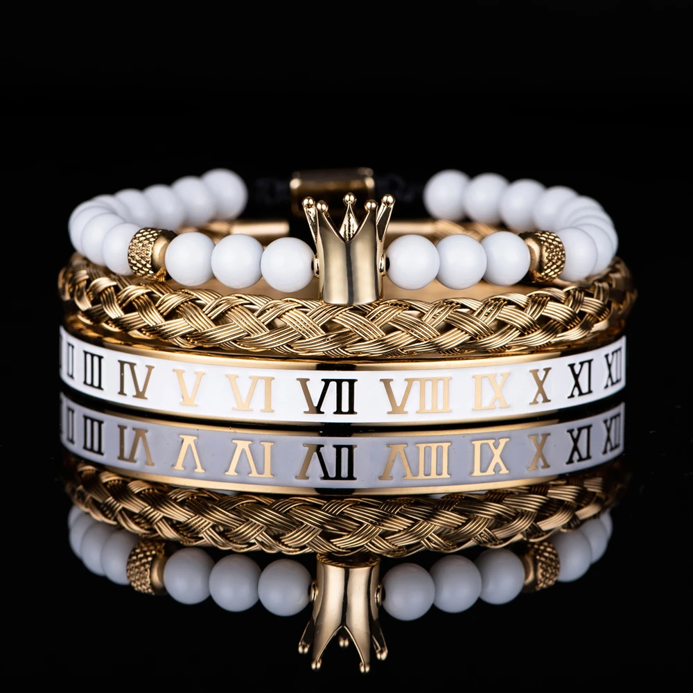 Luxury Set Crown Charm Gold Color Skull Bracelet Stainless Steel  Men White Enamel Roman Number Bangles Europe Fashion Jewelry