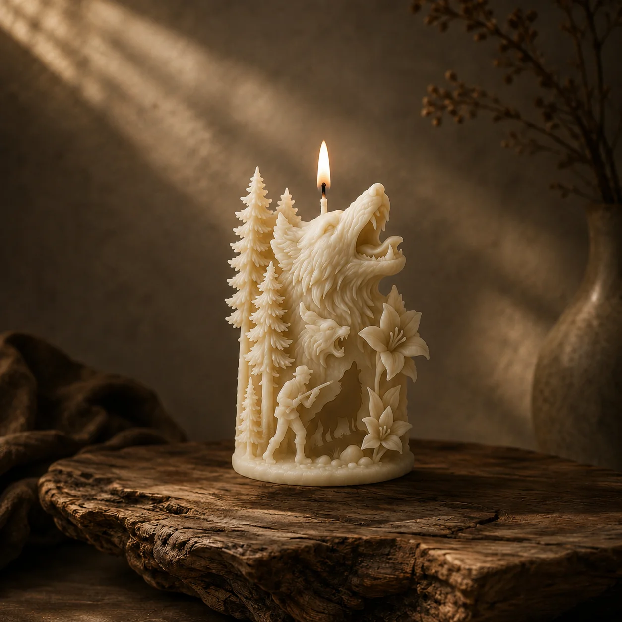 Wolf-Jagd-Kerzenform mit Abenteuermotiv, sorgfältig erholen Tiermuster, handgefertigte zylindrische DIY-Kerze mit flachem Boden