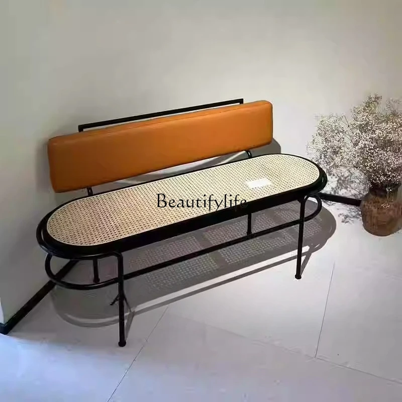 

03Creative solid wood retro double rattan log sofa casual home backrest bench