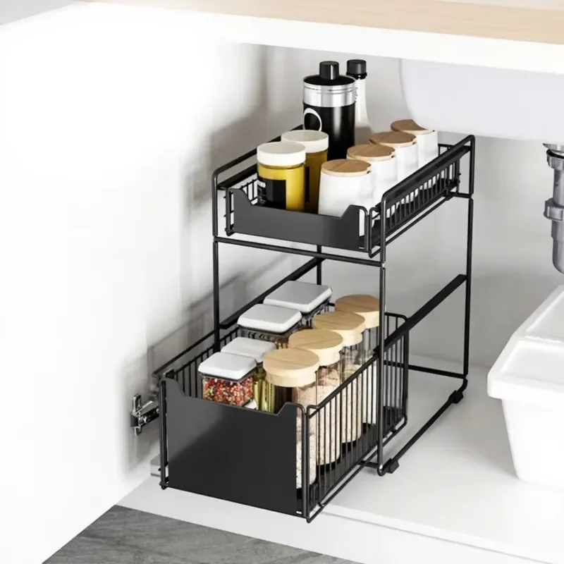 Metal Kitchen Sink Floor Type Shelf Storage Double-Layer Drawer-Type Pull-Out Movable Minimalist Modern Multi-Functional