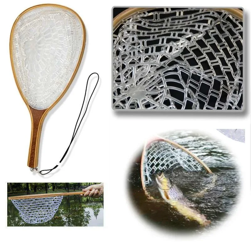 Fly Fishing Landing Net Trout Bass Catch Quick Release Transparent Net Soft Rubber Mesh Carp Fish Net With Wooden Handle Frame