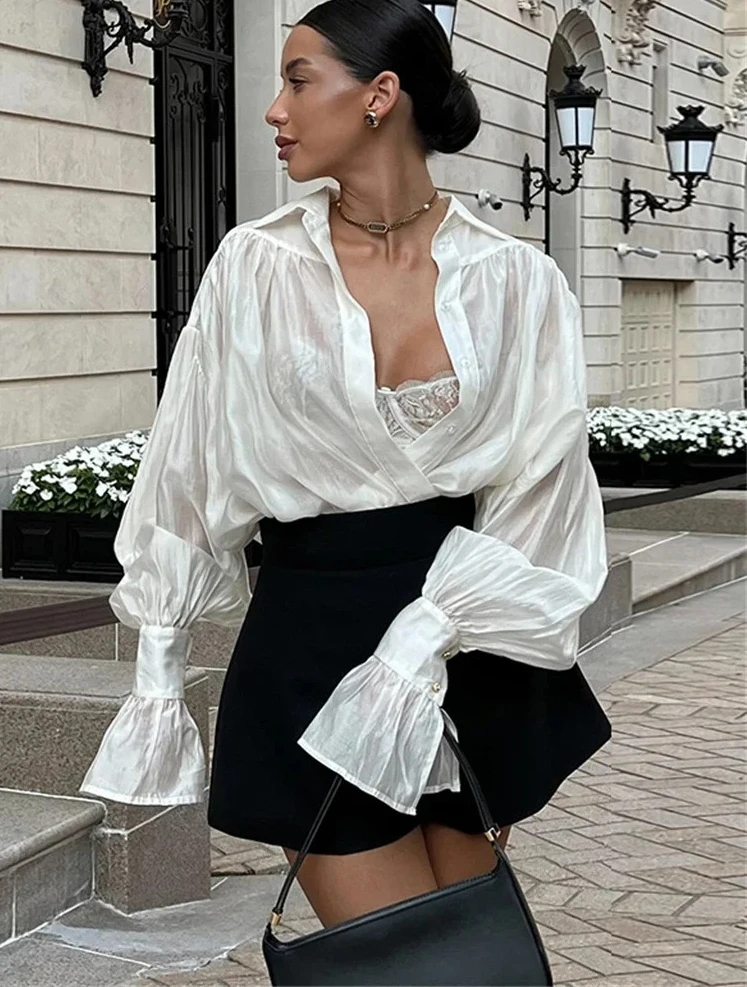 

Autumn See-Through Casual Shirts Top For Women Loose Slim Long Sleeve Lapel Cardigan Streetwear Women's Pleated Shirts Top