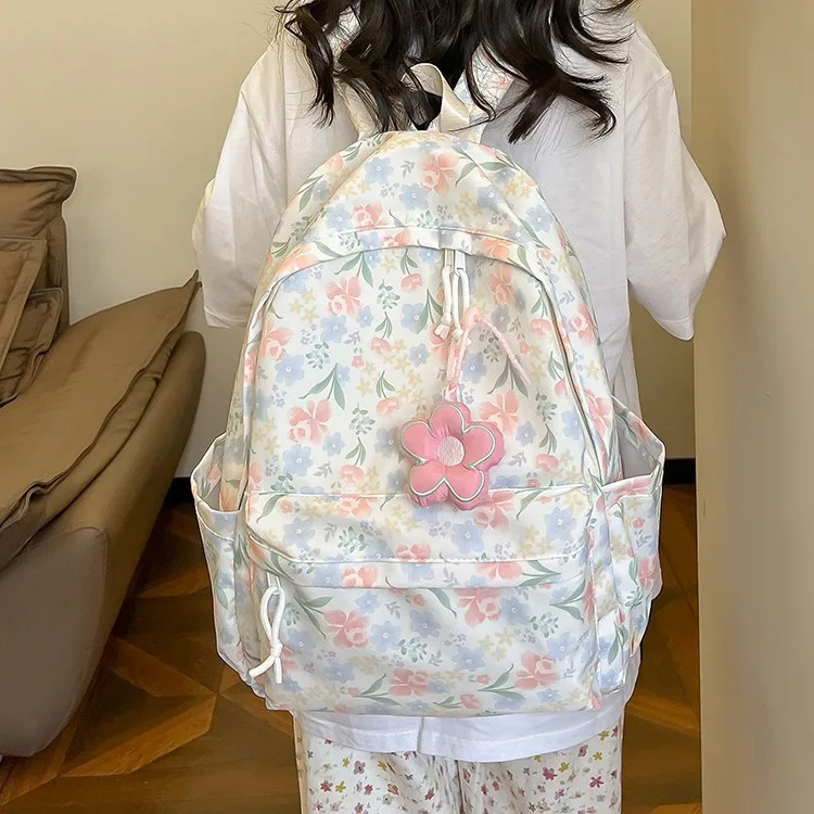 Nylon fabric flower strawberry cartoon student schoolbag, cute graffiti, large-capacity girl travel backpack