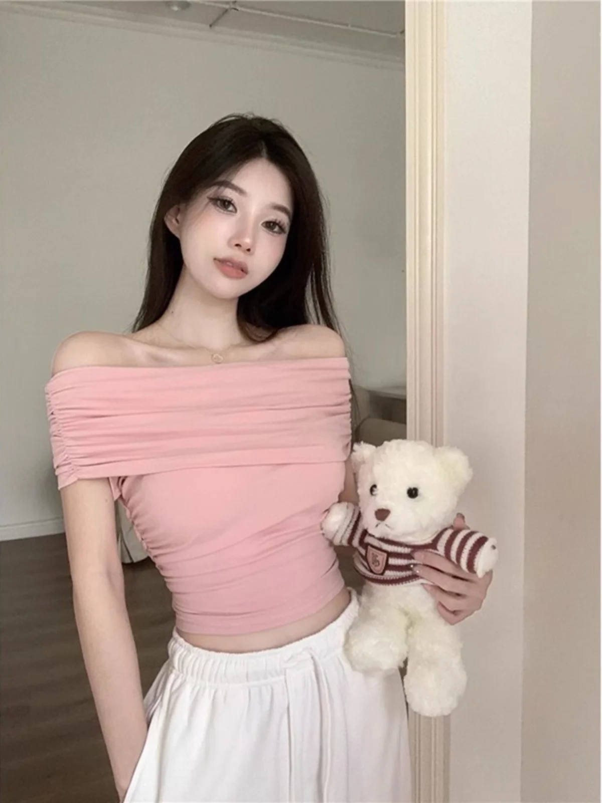 

Женская летняя футболка Pure Desire High-End с открытыми плечами, коротким рукавом, облегающая, в корейском стиле, для повседневной носки