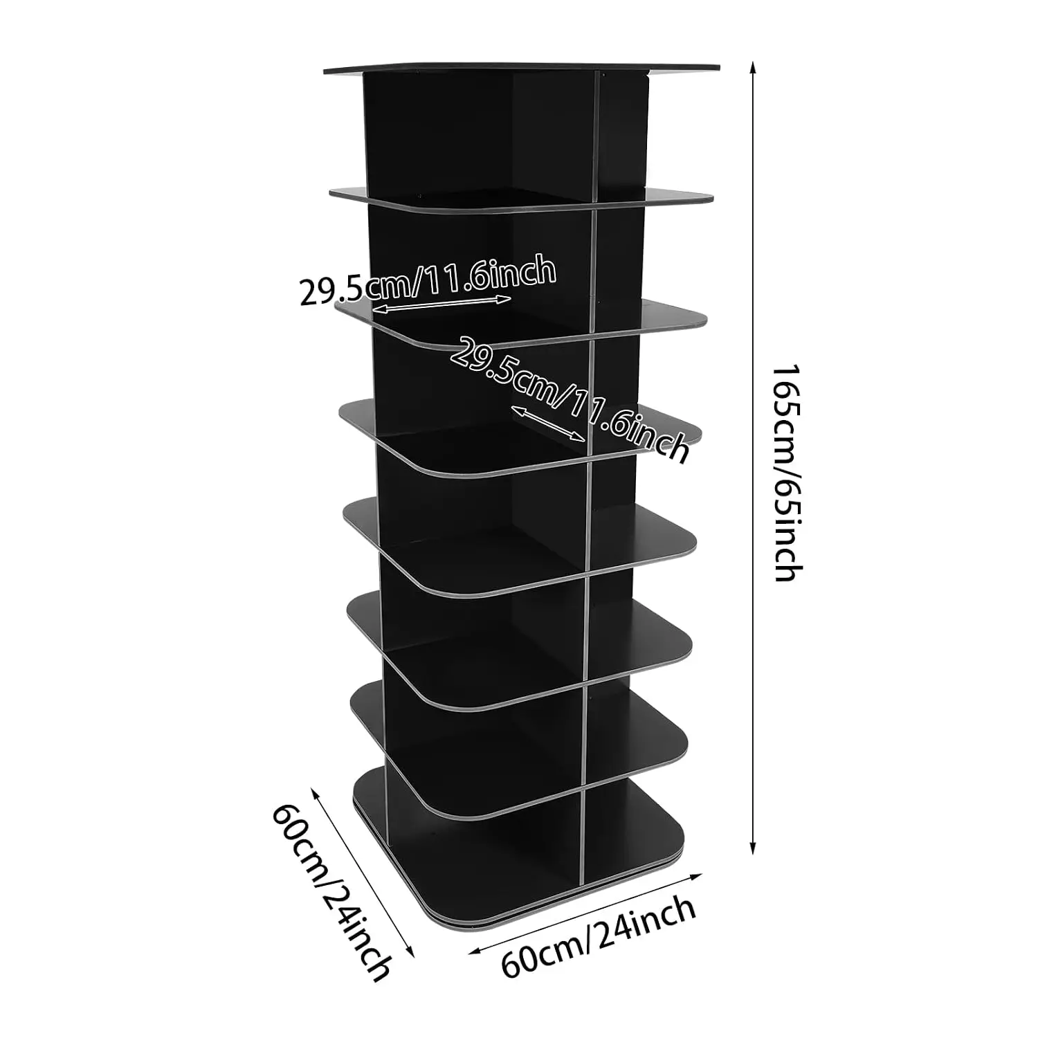 7-Tier Rotating Shoe Rack Tower 360° Spinning Organizer Space-Saving Entryway Storage Square Black PVC, Customized
