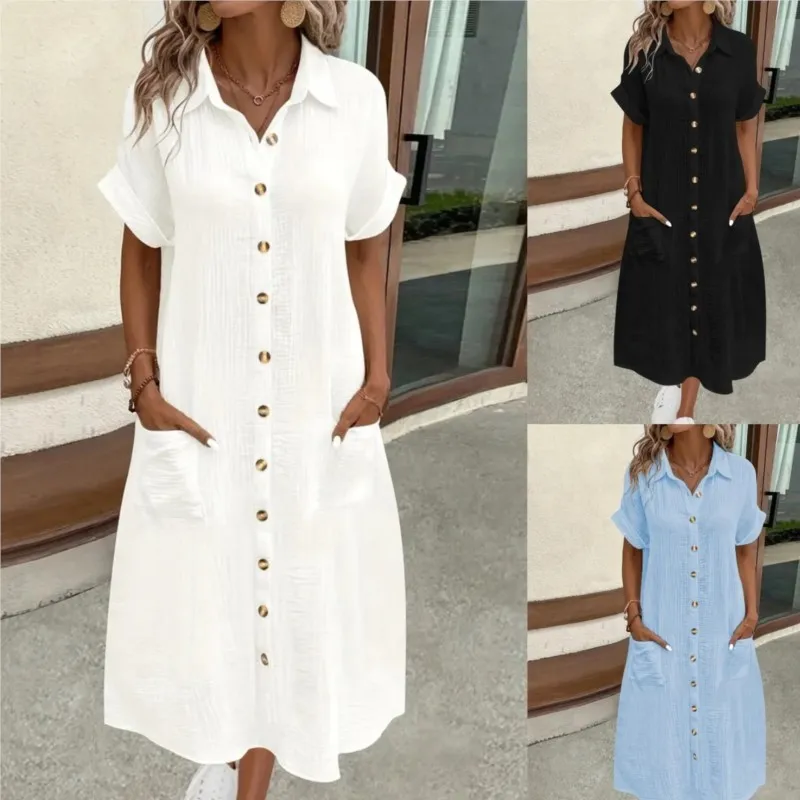 فستان ماكسي صيفي كاجوال بلون سادة بسيط ورقبة على شكل حرف V للنساء بأكمام قصيرة مع جيب فساتين قميص فساتين نسائية