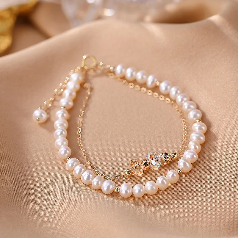 

Double Layers Natural Pearls Bracelets Women Anti-fade 14K Filled Gold=9K Gold Chains Bracelets Summer Fashion Jewelry Crystals