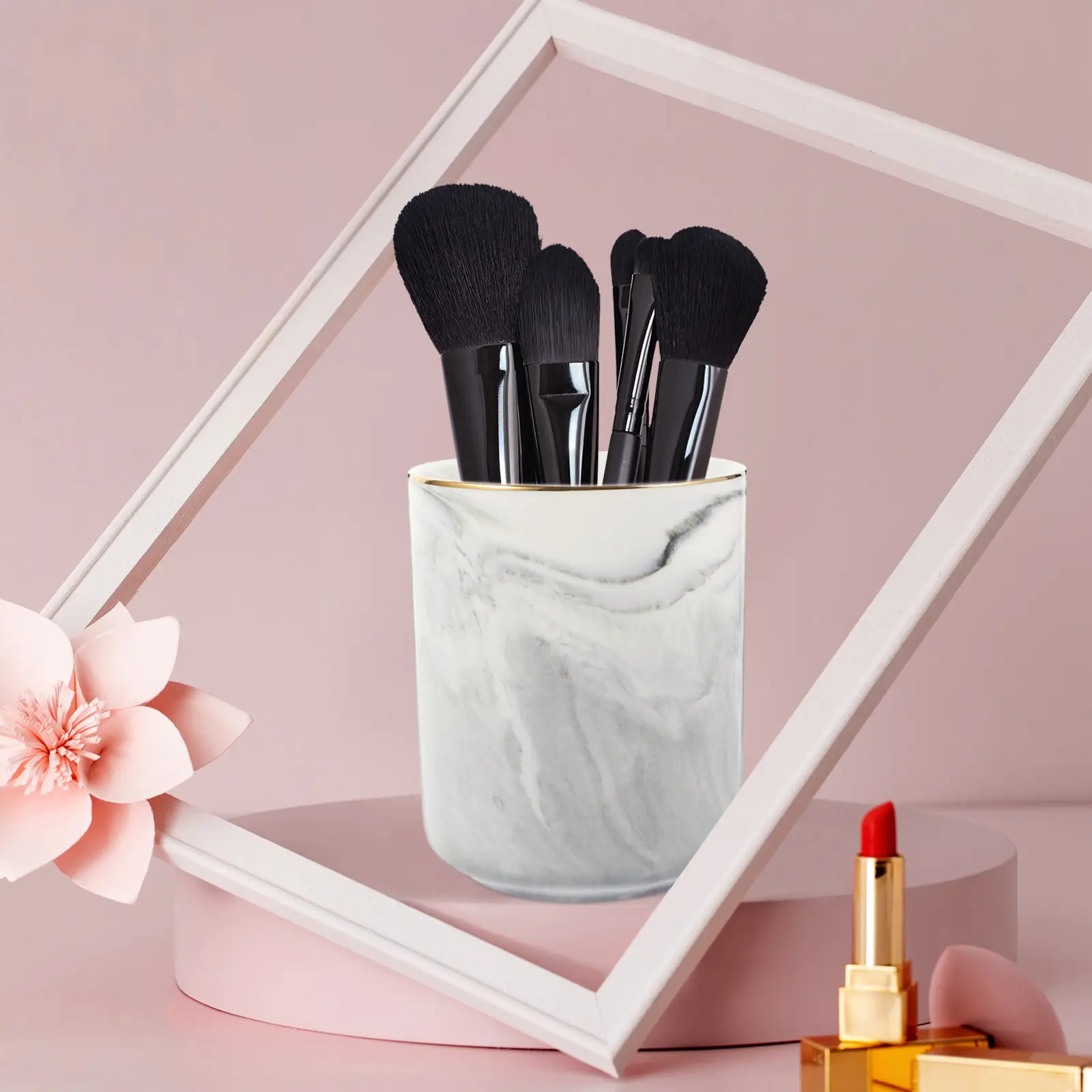 Ceramic Marbling Makeup Brush Holder – Decorative Organizer with Large Capacity & Sturdy Design