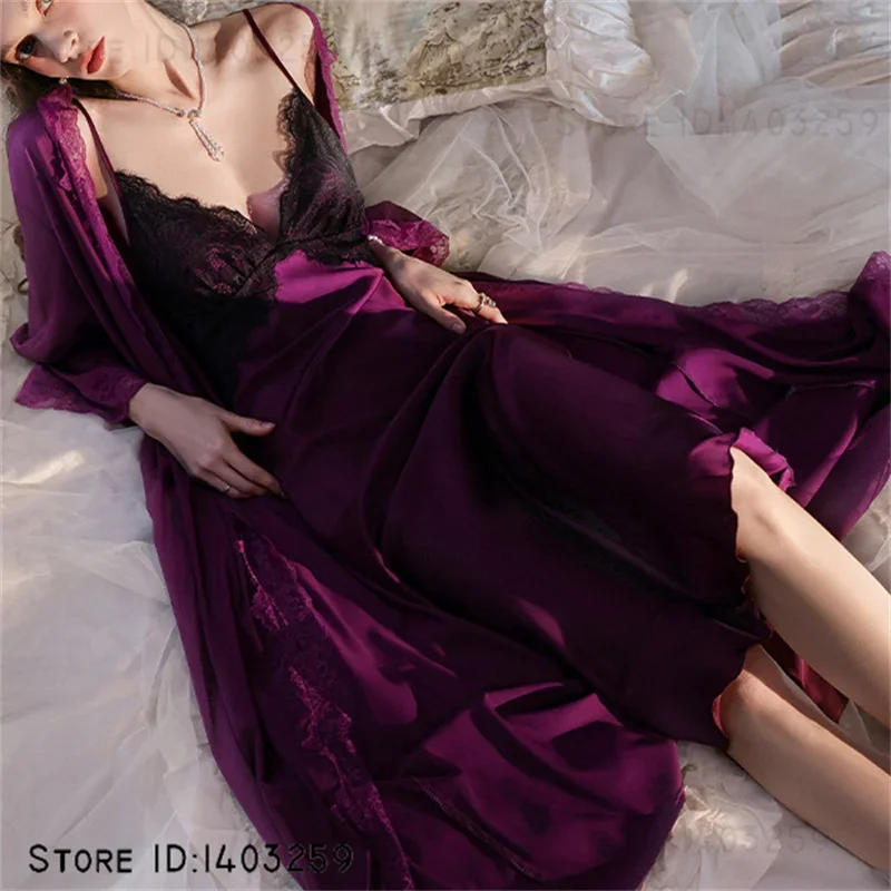 

Purple Satin Long Twinset Robe Set Sexy Patchwork Lace Long Nightgown Lingerie Women Sleepwear Silk Satin Home Dress Lounge Wear