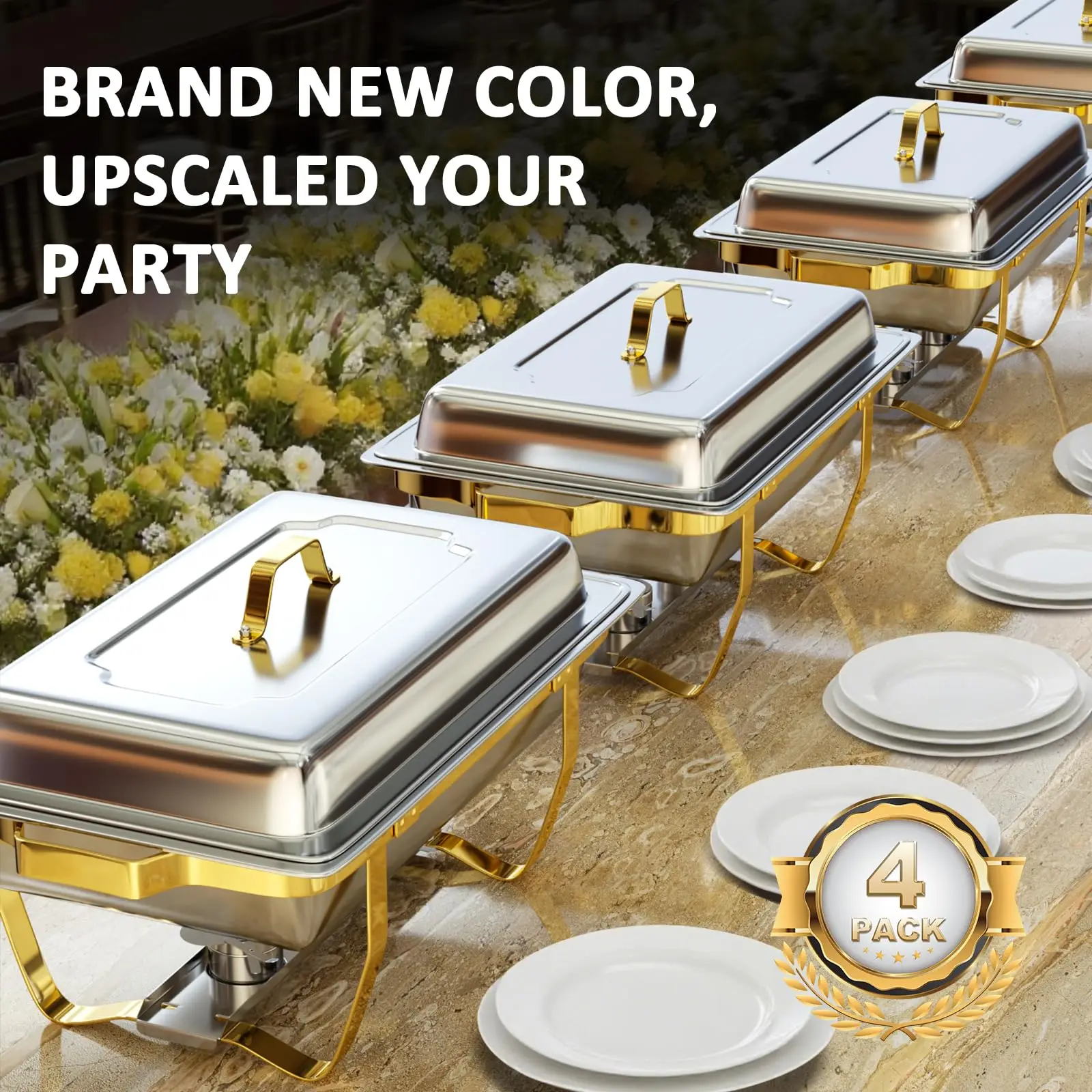 

Chafing Dishes for Buffet 4 Pack 7pan, 9QT [Elegant Gold and Silver Colors] Stainless Steel Chafing Dish Buffet Set [Sturdy and High Grade] Chafers and Buffet Warmers Sets