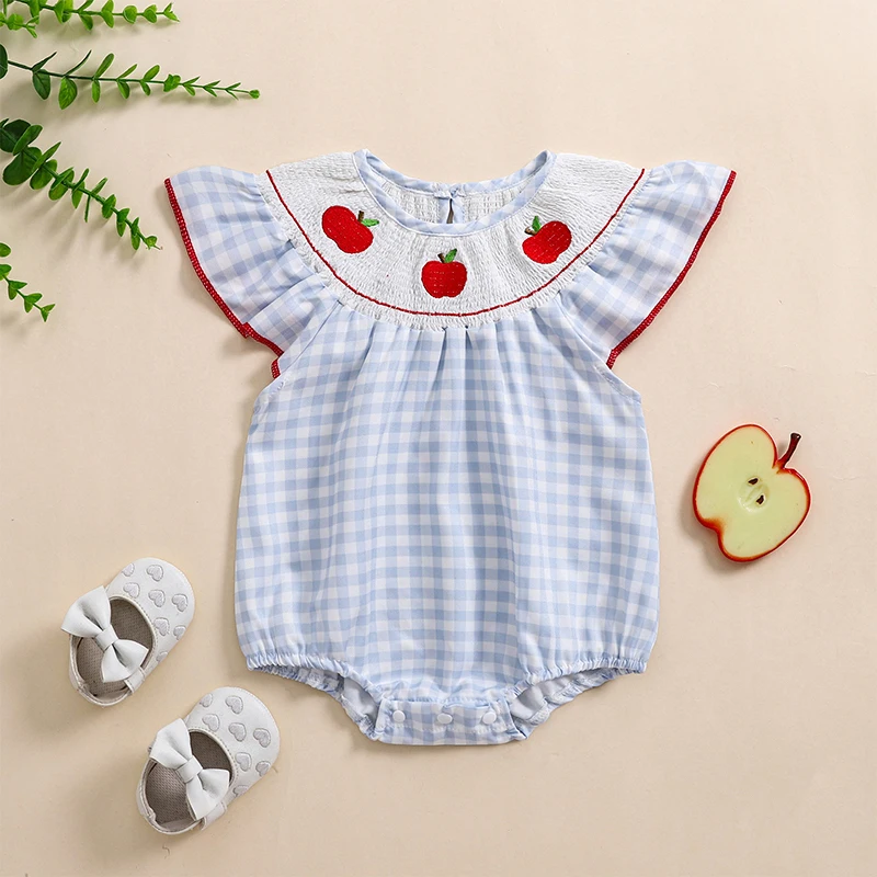 SUNSIOM 0-18 Months Baby Girl Romper Apple Embroidered Plaid Short Sleeve Round Neck Ruffled Bodysuits