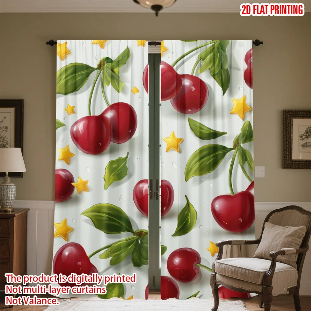 

2D flat printing 2pcs Party Curtain Cherries and Yellow Stars Digital Printed Polyester Drapes Family Party Decoration Use for