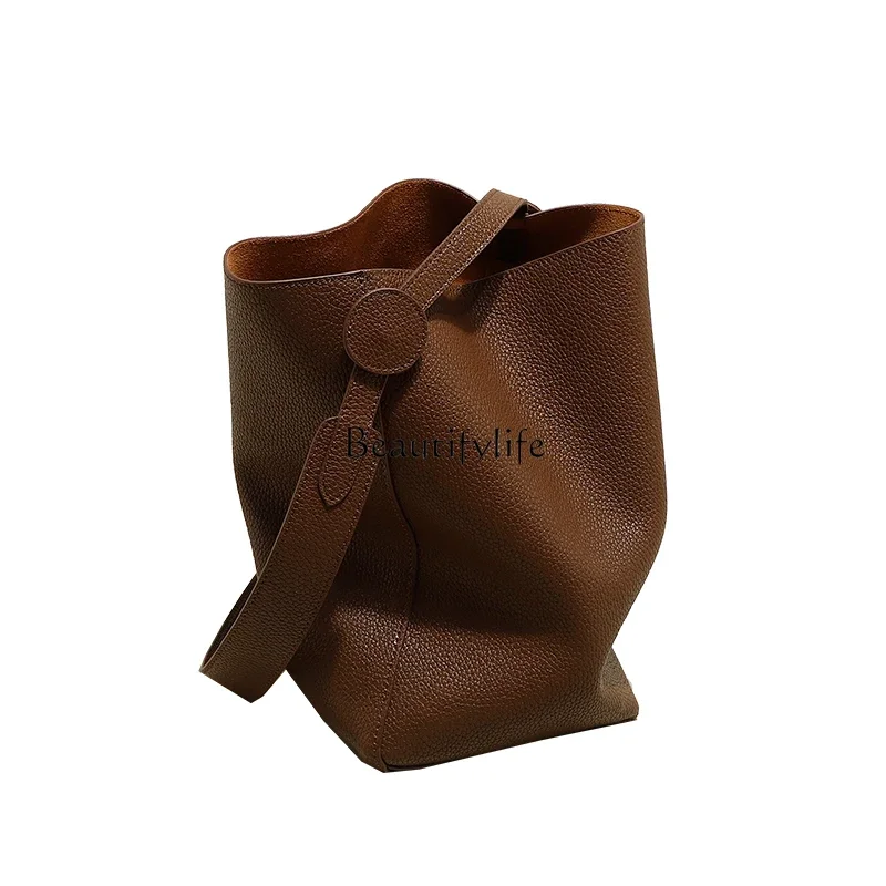 Genuine Leather Bag Fashionable All-Match Large Capacity First Layer Leather One-Shoulder Bucket