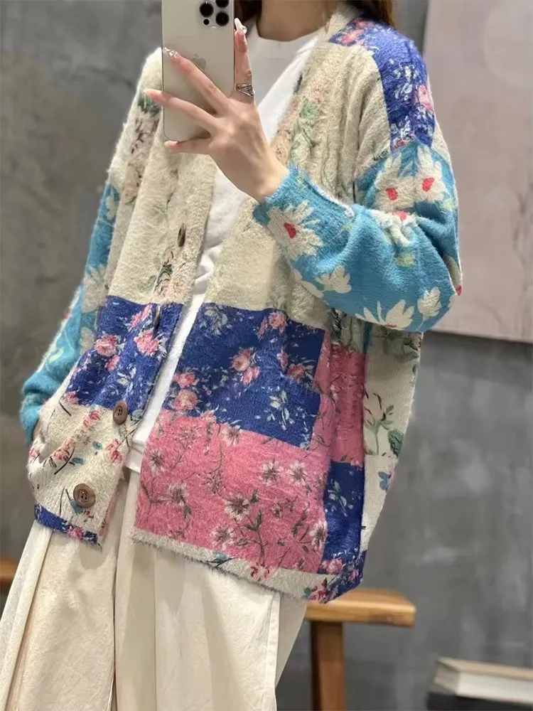 Amax luluE 冬の女性のファッションプリントルーズカーディガンレディース高級花レジャーセータークラシック V ネックビッグサイズニットウェア