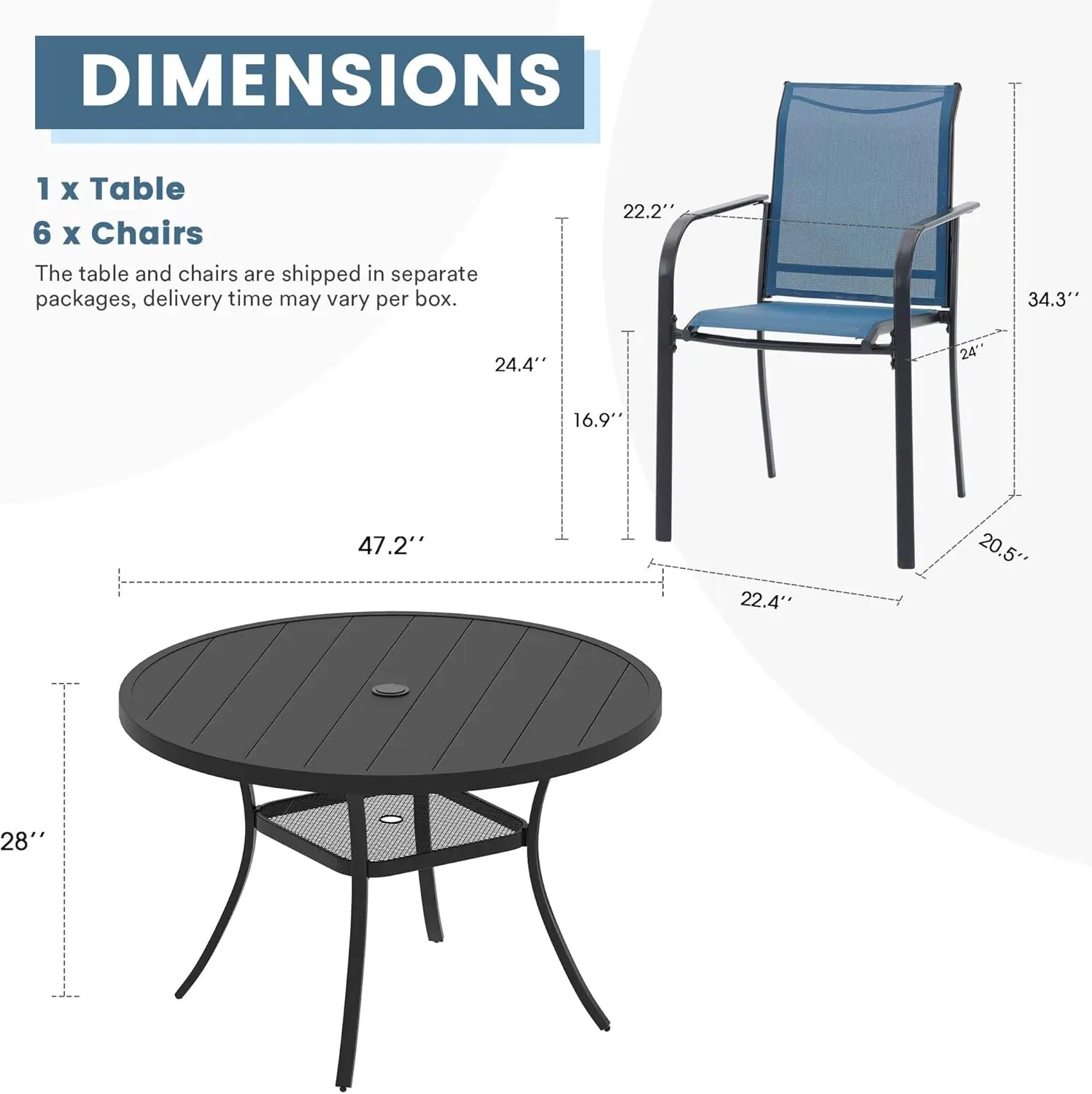 Outdoor Dining Set, Patio Dining Furniture Set includes Round Table with Adjustable Umbrella Hole and 6 Stackable Metal Chairs
