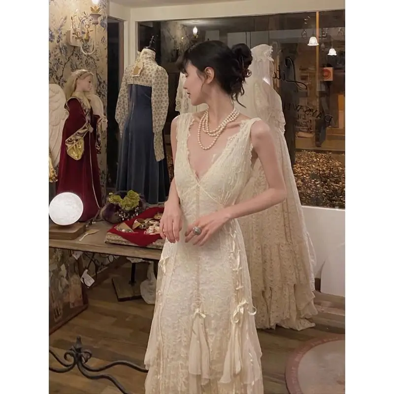 Gothic Lace Dress Sexy Maxi Dress Halter Y2k Vintage Women Wedding Dress Elegant Streetwear Fairycore Ladies Dresses
