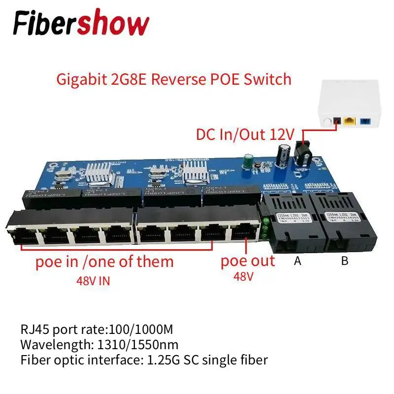 Reverse POE 10/100/1000M 2SC 8 RJ45 20KM Gigabit Ethernet Switch 2F8E Fiber Optic Media Converter UTP Port  Board PCBA