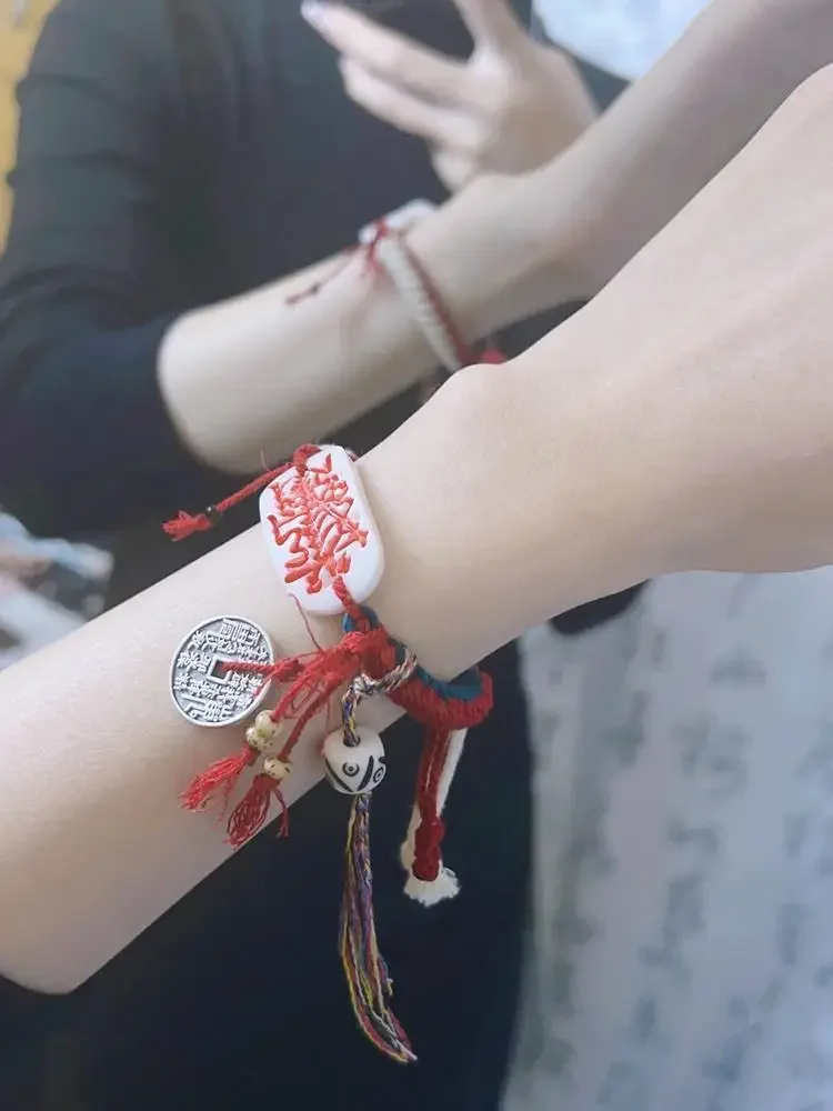Chinese Style Five-way God of Wealth Camel Bone Hand Card Hand-woven Hand Rope Mountain Ghost Spending Sterling Silver Bracelet