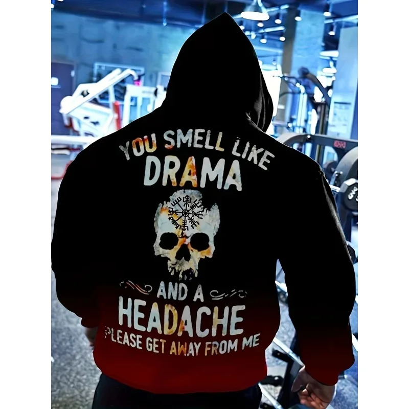 European and American men's autumn fitness training letter skull print soft and comfortable hooded sweatshirt outdoor sports top