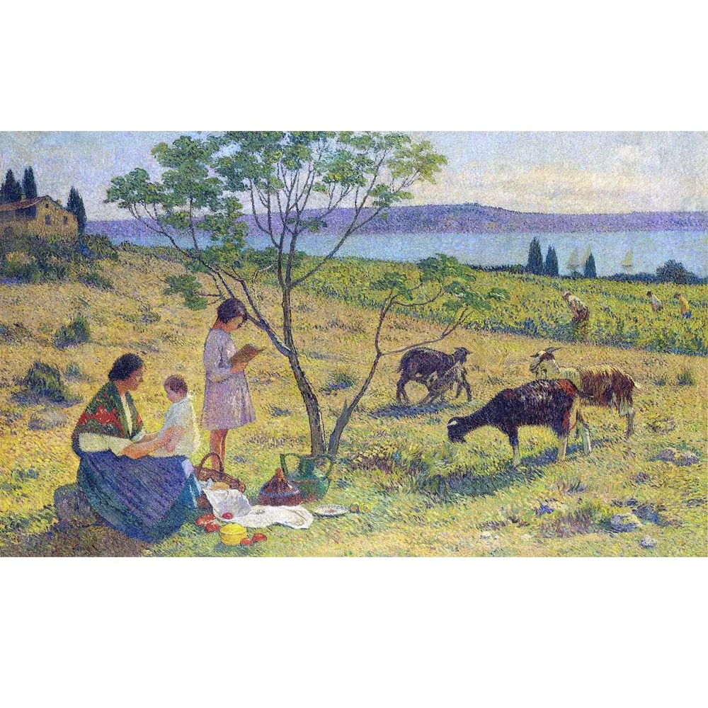 Hand painted high quality reproduction of Bucolic by Henri Martin Pointillism style art Landscape oil painting canvas wall art