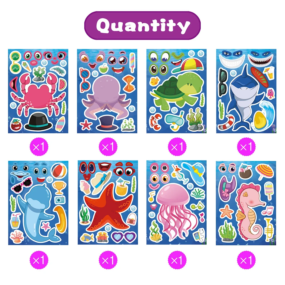 8/16Sheets DIY Marine Animal Make a Face Jigsaw Puzzle Stickers Blue Sea Assemble Toys For Kids Funny Game Children Party Favor