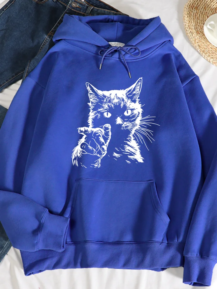 

Funny Cat Gesture Print Sweatshirt Women Fashion Round Neck Comfortable Hooded Warm Casual Hoodies Simple Loose Personality Tops