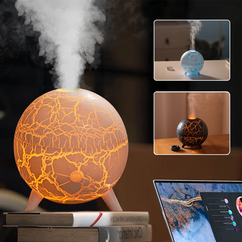 Creative Planet Aroma Diffuser USB Powered Color LED Night Light Flame Crack Projection Humidifier for Bedroom Air Purification