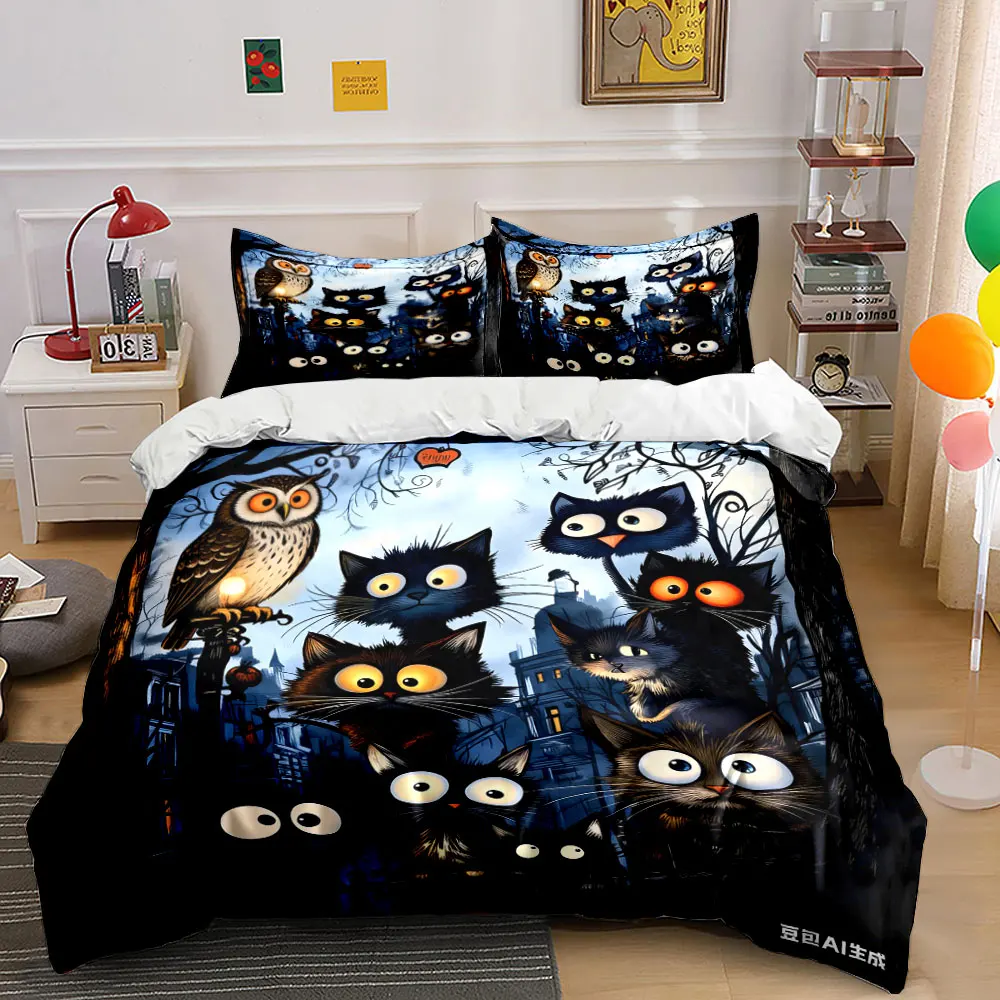 Bedrucktes Bettwäsche-Set mit dem Motiv „Charming Cats and Owl Trio“, Schlafzimmerdekoration für Kinder und Erwachsene, exquisites dreiteiliges Bettwäsche-Set als Geschenk