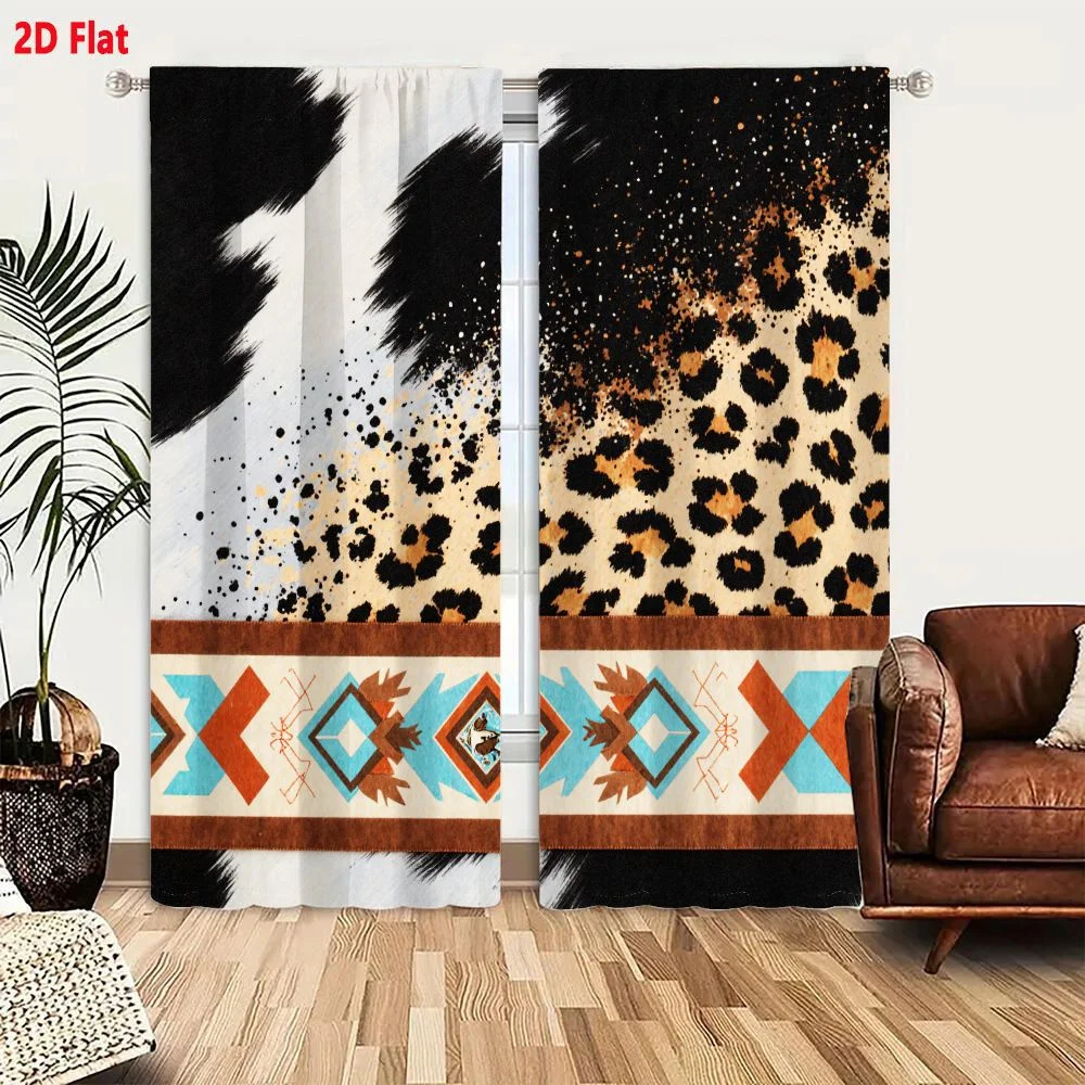 2Pcs Curtains 2D Flat Decorative Pattern Combining Fur Textured Surface Leopard Print Geometric Shapes Southwestern Style Window