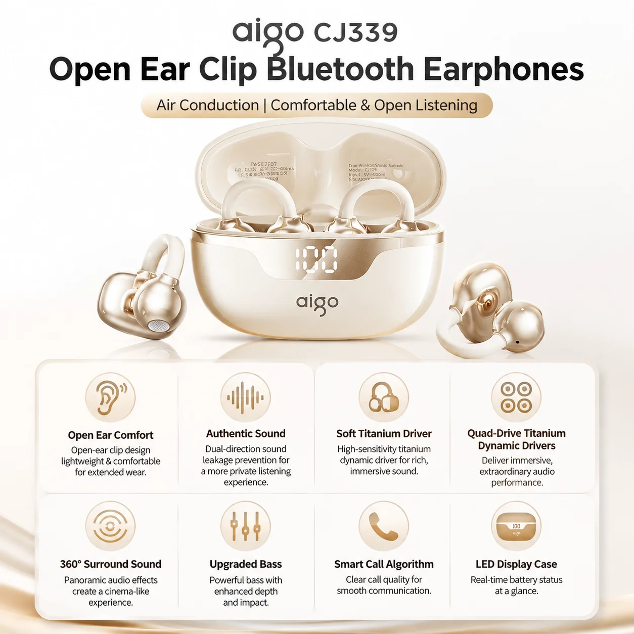 Aigo CJ339 Open Ear Clip Bluetooth 6.0 Earphones Air Bone Conduction Wireless Headphones LED Display HiFi Stereo Sport Headset