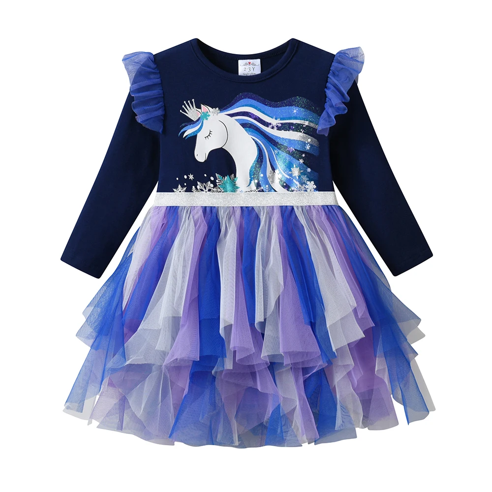 DXTON Kids Flare Sleeve Dress Children Autumn Vestidos Toddlers Unicorn Print Dresses Irregular Mesh Tulle Girls School Clothing