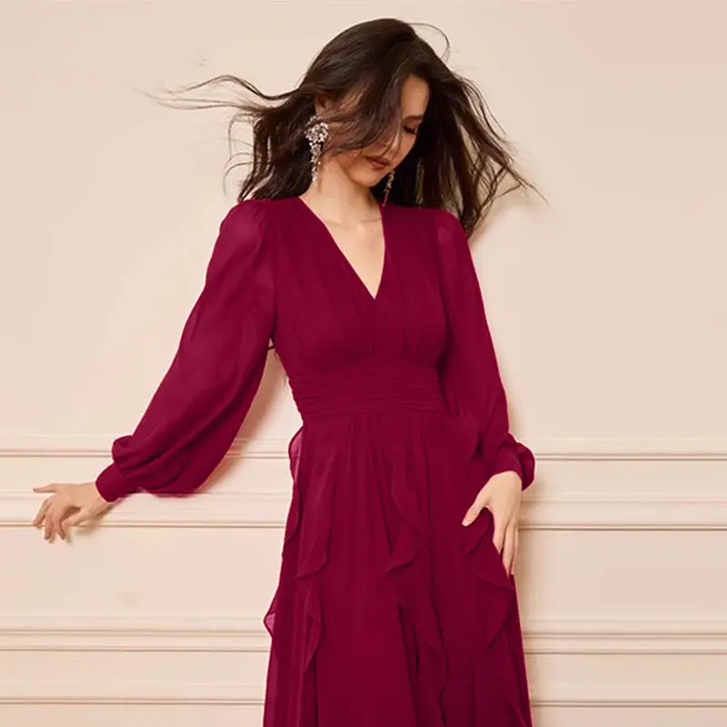 Ele Classic Red Belted Dr مع تصميم كشكش تنورة طويلة ملابس نسائية قابلة للتنفس من ألياف البوليستر #3