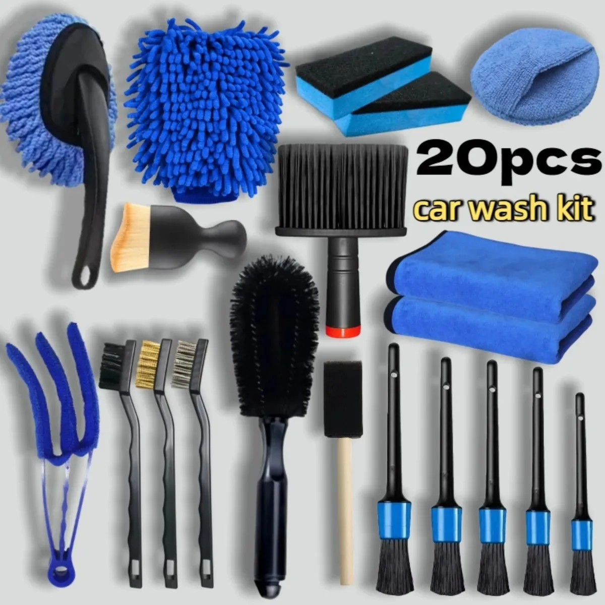 20pcs All-round Car Motorcycle Cleaning Kit Blue Vent Brush Short Long Handle Dust Brush Wheel Brush Uses For Car Accessories