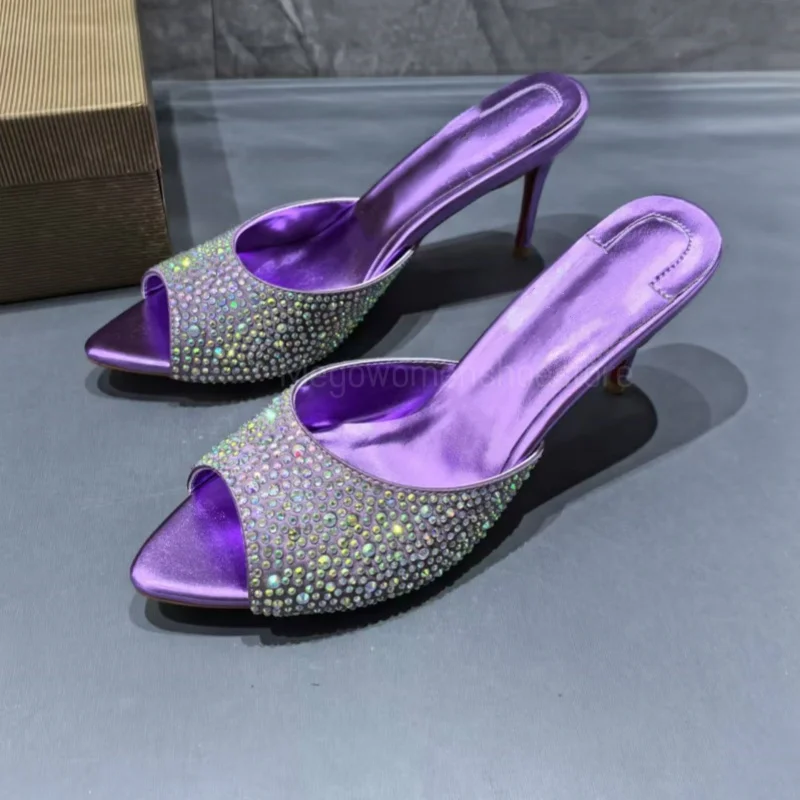 

Full Diamonds Decor High Thin Heel Slippers Women Peep Toe Purple Silver Black Color Shoes Rhinestone Sandals Banquet Dress Shoe