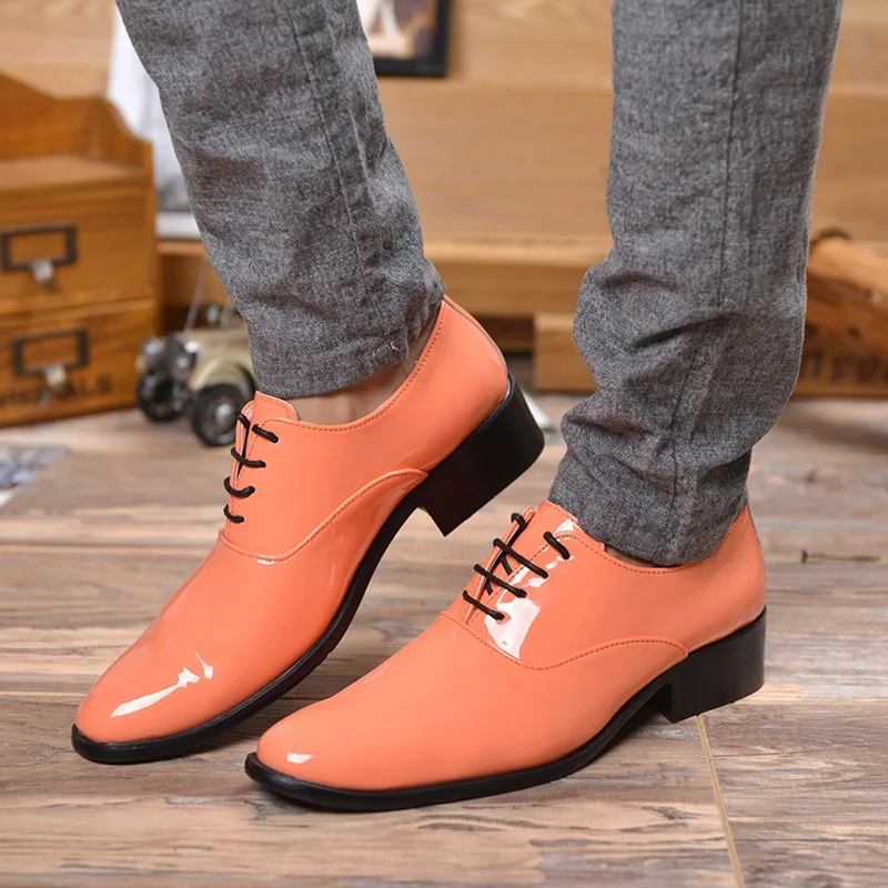 Sepatu pantofel hak tinggi pria, Kasut lift kulit paten, ujung lancip Formal untuk pesta pernikahan laki-laki