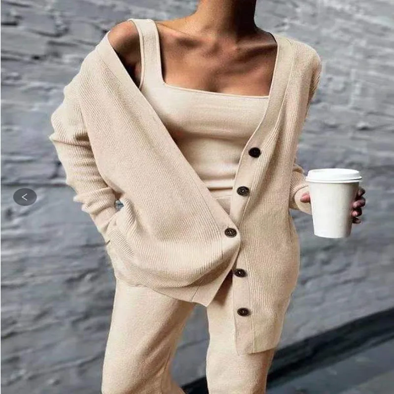 2023 Autumn TUME AliExpress New Cross border European and American Women\'s Coat Tank Top Pants Knitted Three Piece Set